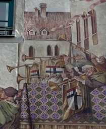 Ausschnitt der Fresken auf dem Haus zum Hohen Hafen